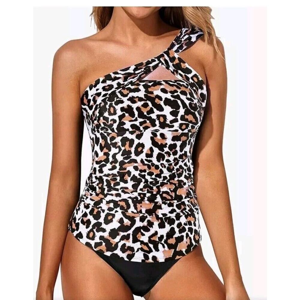 Tempt Me One Piece Tankini TOP ONLY Black Leopard Print S One Shoulder Swim Top